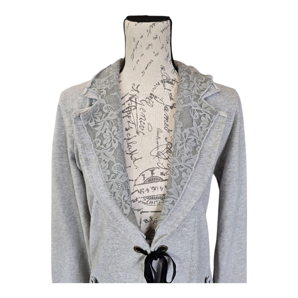 Daytrip Boho Gray Knit Lace Tie Front Jacket L - Picture 2 of 8